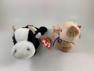 Ty Beanie Baby Farm Animal Bundle Knuckles The Pig And Daisy The Cow Retired