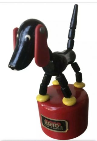 Vintage Brio Push Puppet Black Dog Button Thumb Puppet Dog Wooden Toy Sweden