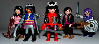 Playmobil Lot; 5 Female Barbarian,  Asian,  Viking,  Roman,  Knights,  W Weapons