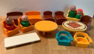 4 Vintage Fisher Price Wood Little People Beds Chairs Tables Game Table Couch