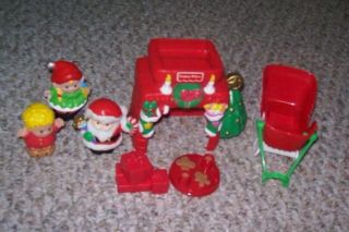 7 Pc Fisher Price Little People Christmas Santa Fireplace Sleigh Elf Toys