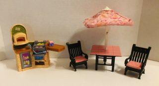 Fisher Price Mattel Loving Family Furniture Patio Table Chairs Umbrella Grill
