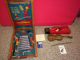 2 Vintage 50s/60s Musical Music Toy Instruments,  Boxes,  Violin,  Emenee Glockenspiel