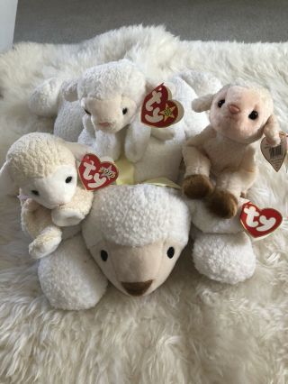 4 Ty Baba Fleece Fleecie & Ewey Beanie Babys Sheep Lamb