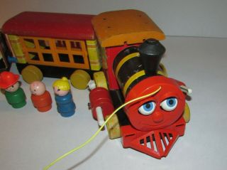 Vintage Fisher Price Huffy Puffy Train Pull Toy,  7 Wood Little People Robin Hood