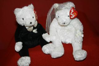 2 Ty Beanie Babies Bride & Groom Wedding Marriage Bears Plush Stuffed Toy 2002