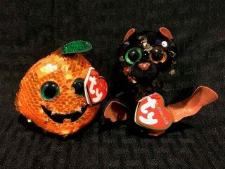Set Of 2 Ty Halloween 3 " Omen Bat & Seeds Pumpkin Beanie Boos Sequin Plush Mwmts