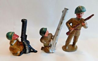 3 Barclay Manoil Lead Metal Soldiers Cast Military Army Gunners Brown Wwii