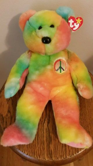 1999 Ty Beanie Buddy Plush Peace Bear Teddy Tye Die Ty - Dye Tie Dye Woodstock 14 "