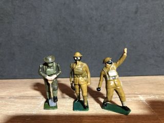 Britains: 3 Infantrymen In Gas Masks.  All Repainted And One Recast.  Post War