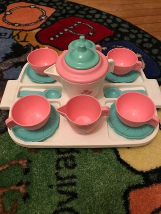 Vintage Fisher Price ‘82 Tea Party Set Tray - 16 Piece Set Food Pink Blue Complete