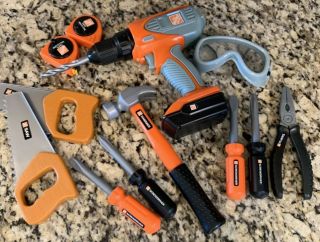 Home Depot Kid Play Tools Drill Saw Screwdriver Pliers Hammer Tape Measure 12 Pc