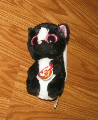 Ty Beanie Boo Flora,  Skunk,  Pink Glitter Eyes 6 " Black & White With Tags
