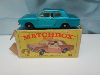 Matchbox/ Lesney 25d Ford Cortina Mk 2 Blue / Black Plastic Wheels Boxed