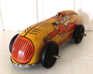 Vintage 40s Captain Marvel Tin Toy Race Car 3 Litho Windup 1947 Fawcett Comics