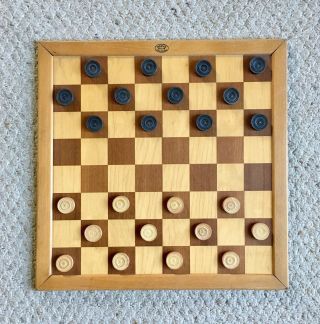 Vintage Homas Spelen Double - Sided Wood Chess Checkers Board W/ Checkers - Rare
