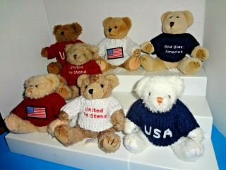 7 USA FLAG CHRISHA PLAYFUL PLUSH SMALL TEDDY BEARS IN PATRIOTIC SWEATERS 1998 2