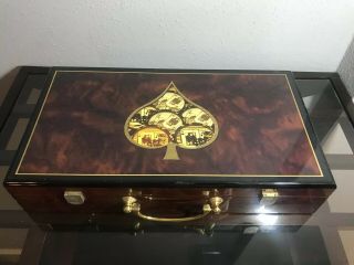 Poker Set W Clay Composite Chips 2 Decks Cards In Inlaid Lacquer Wood Box