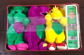 Vtg 1999 Target Holiday Tin Barney The Dinosaur 7 " Stuffed Baby Bop,  Bj,  Barney