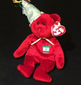 Ty Beanie Baby July Happy Birthday Bear Party Hat Stuffed Animal Toy Mwmts Red