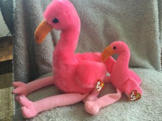Ty Set Of 2 Pinky The Flamingo Beanie Baby & Matching Buddy Retired Nwt