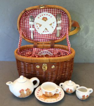 Delton Porcelain Childs Play Tea Set Wicker Picnic Basket Teddy Bear Pattern