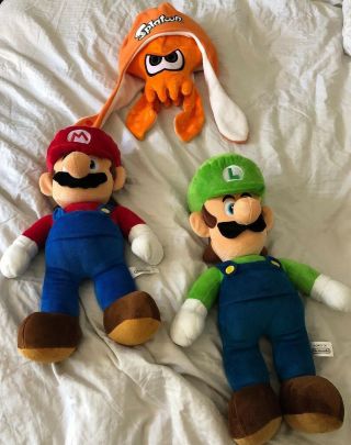 World Of Nintendo Mario And Luigi And Splatoon Squid Large Plush W/ Special Hat
