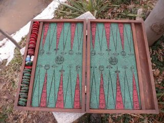 Vintage Wood Travel Case Backgammon Board Set Aztec Mayan Carved Malachite