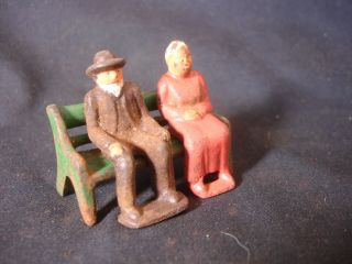 Old Vtg Cast Iron Elderly Man Lady Woman Sitting On Bench Train Garden Figure 2