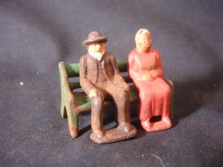 Old Vtg Cast Iron Elderly Man Lady Woman Sitting On Bench Train Garden Figure 3