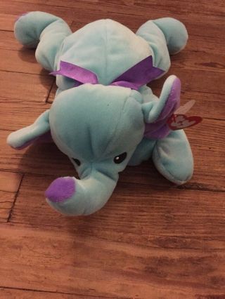 Ty Pillow Pals Squirt Elephant 14 " Baby Blue Purple Bow 1998 Stuffed Plush Toy