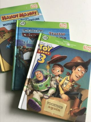 Set Of 3 Boys Leap Frog Tag Books Hard Cover Handy Manny Pixar Cars Toy Story