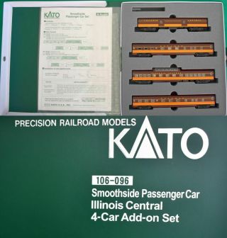 Illinois Central Ic Smooth Side 4 Passenger Car Set Kato 106 - 096 N Scale Au9s6