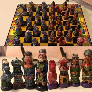 Vintage Chess Set Mayan Native American Spanish Conquistadors Enamel Terracotta