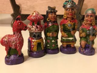 Vintage Chess Set Mayan Native American Spanish Conquistadors Enamel Terracotta 3