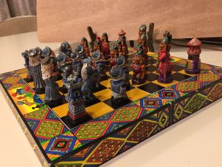 Vintage Chess Set Mayan Native American Spanish Conquistadors Enamel Terracotta 4
