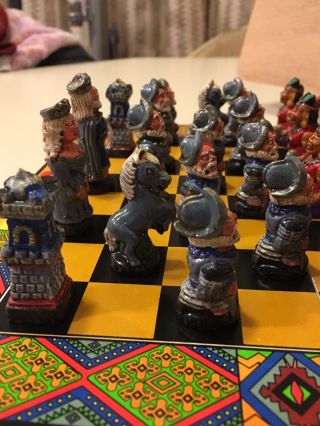 Vintage Chess Set Mayan Native American Spanish Conquistadors Enamel Terracotta 5