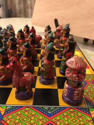 Vintage Chess Set Mayan Native American Spanish Conquistadors Enamel Terracotta 6