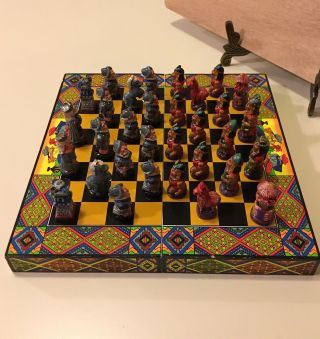 Vintage Chess Set Mayan Native American Spanish Conquistadors Enamel Terracotta 7