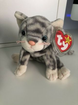 Ty Beanie Baby Rare Silver Grey Tabby Feline,  Kitty Cat Pristine W/mint Tags