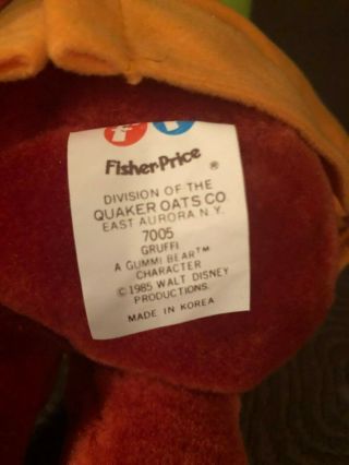 Gruffi A GUMMI BEAR plush vintage stuffed animal fisher price 7005 1985 Disney 3