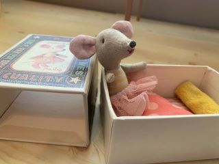 Maileg Little Sister Mouse In Matchbox Ballerina With Bed