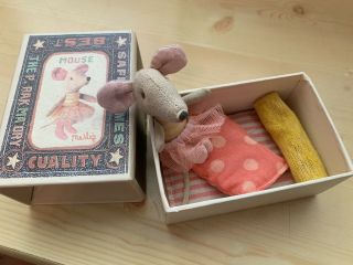 Maileg Little Sister Mouse in Matchbox Ballerina With Bed 4