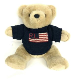 Vintage 1996 Ralph Lauren Polo Teddy Bear Plush Stuffed Usa Flag Sweater 15 " Tan