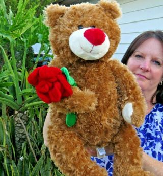 Large Dan Dee Love Soft Teddy Bear W/rose Brown Plush Stuffed Animal Doll