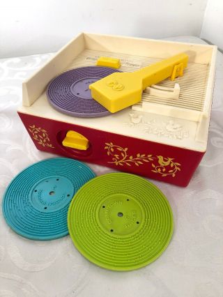 Vintage Fisher Price 1971 Music Box Record Player With 3 Records - 6 Songs
