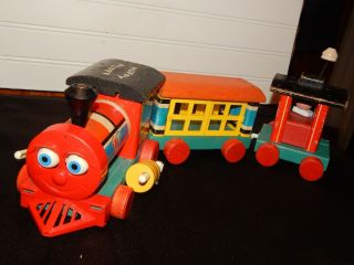 1963 Vintage Fisher Price 999 Huffy Puffy 3 Pc Wooden Train Set Collectible Toy