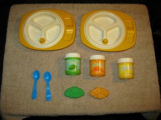 Vintage Fisher Price Baby Food Set Dishes,  Peas,  Carrots,  Bananas And Spoons 1986