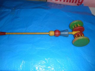 Vintage child ' s Playskool wooden wheel push pull toy w bells 2
