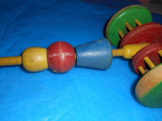 Vintage child ' s Playskool wooden wheel push pull toy w bells 3